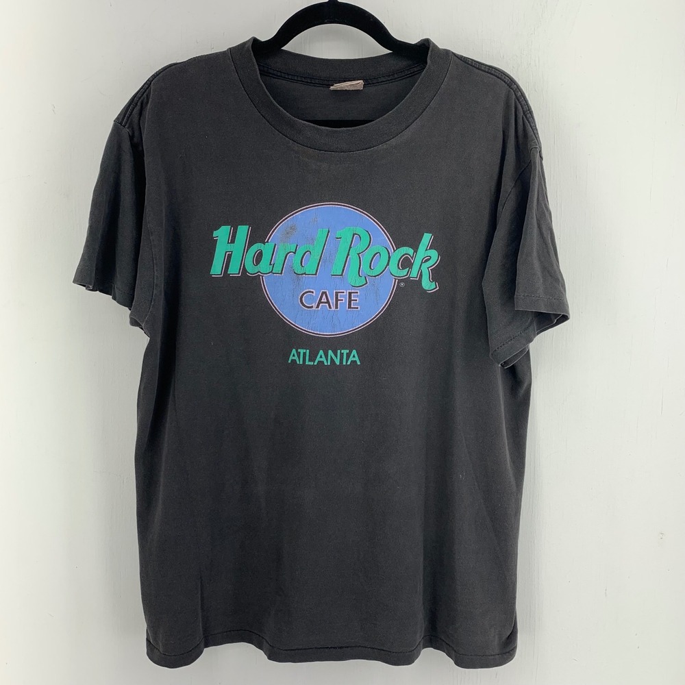 Vtg 90s Hard Rock Cafe Atlanta T-Shirt Single Stitch Faded Black Sz L Streetwear